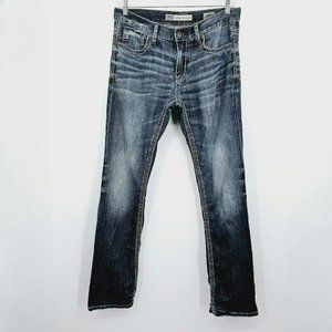 BKE Carter Straight Jeans 33 L Blue Cotton Denim Stretch Distressed Thick Stitch